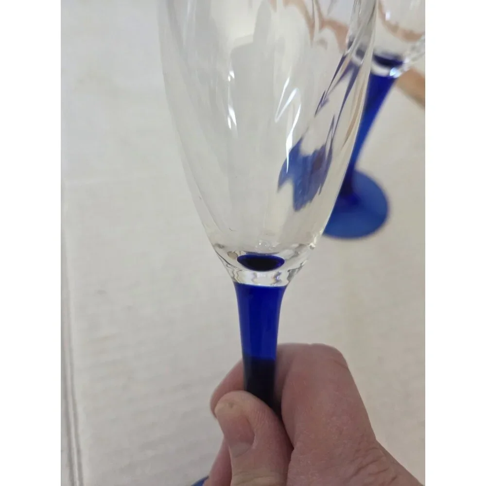 Vintage Cobalt Blue Stem Champagne Flute Wine‎ Glasses 8.25